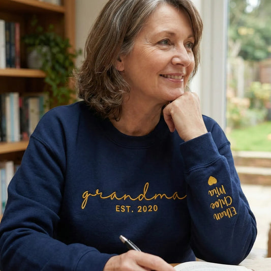 Personalized Embroidered Grandma Sweatshirt with Grandkids Names on Sleeve, Custom Gift for Mom & Mother-in-Law