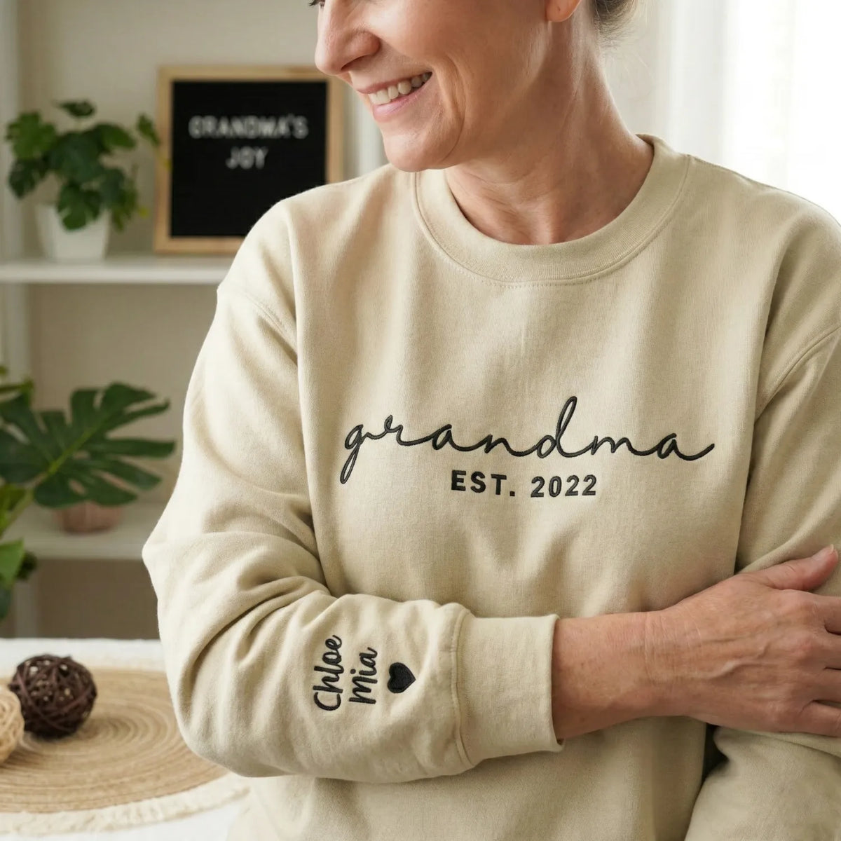 Personalized Mother’s Day Gift for Grandma from Grandkids - Personalized Embroidered Sweatshirt with Kids Names on Sleeve