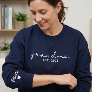 First Time Grandma Sweatshirt - Personalized Mother’s Day Gift with Embroidered Sweater Name on Sleeve