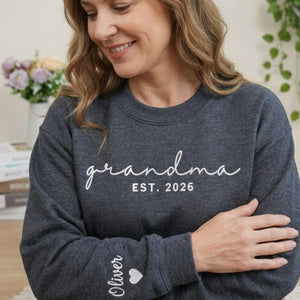 First Time Grandma Sweatshirt - Personalized Mother’s Day Gift with Embroidered Sweater Name on Sleeve