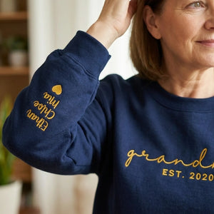 First Time Grandma Sweatshirt - Personalized Mother’s Day Gift with Embroidered Sweater Name on Sleeve
