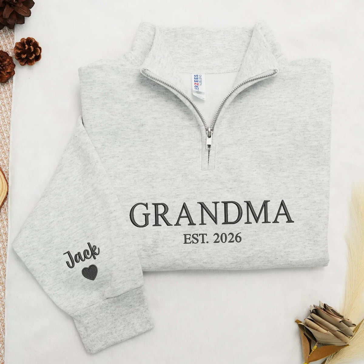Grandma EST Embroidered Quarter-Zip Sweatshirt - Gift for Grandma, Nana or Gigi from Daughter, Son, Husband or Grandkids
