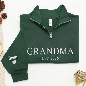 Grandma EST Embroidered Quarter-Zip Sweatshirt - Gift for Grandma, Nana or Gigi from Daughter, Son, Husband or Grandkids