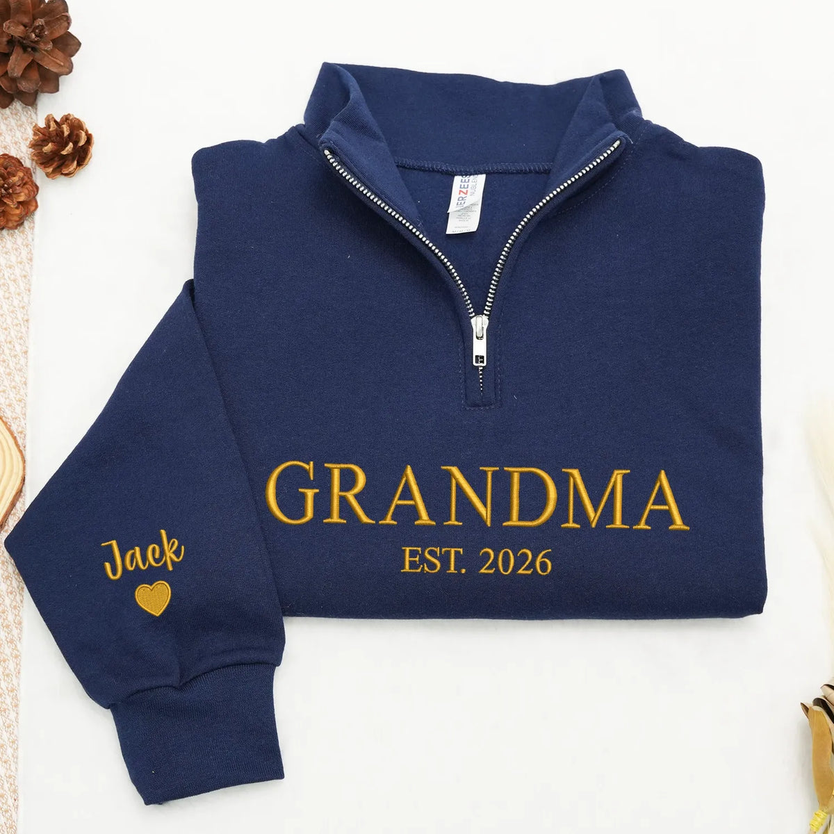 Grandma EST Embroidered Quarter-Zip Sweatshirt - Gift for Grandma, Nana or Gigi from Daughter, Son, Husband or Grandkids