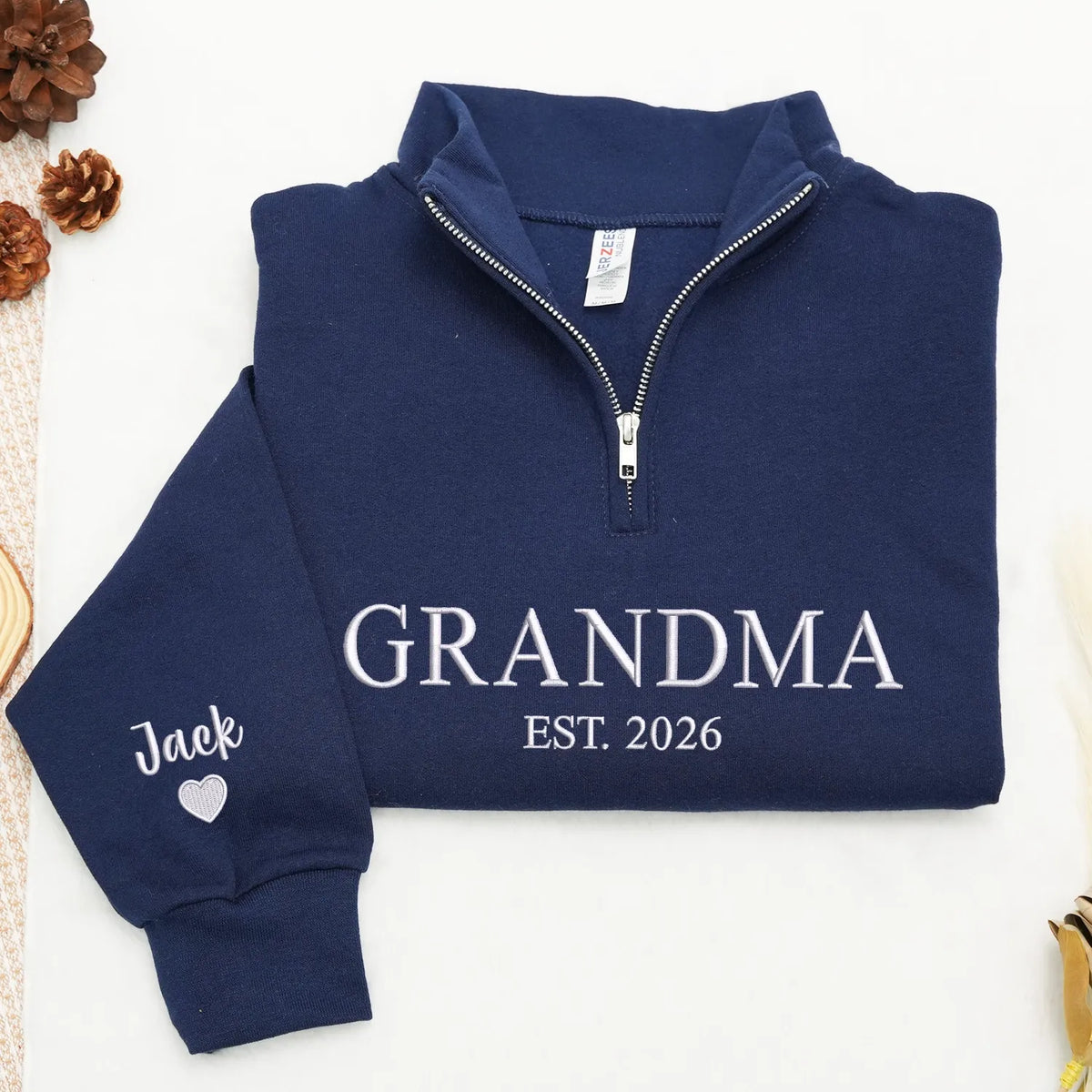 Grandma EST Embroidered Quarter-Zip Sweatshirt - Gift for Grandma, Nana or Gigi from Daughter, Son, Husband or Grandkids
