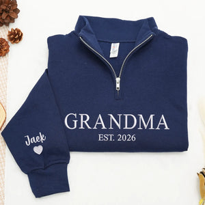 Grandma EST Embroidered Quarter-Zip Sweatshirt - Gift for Grandma, Nana or Gigi from Daughter, Son, Husband or Grandkids