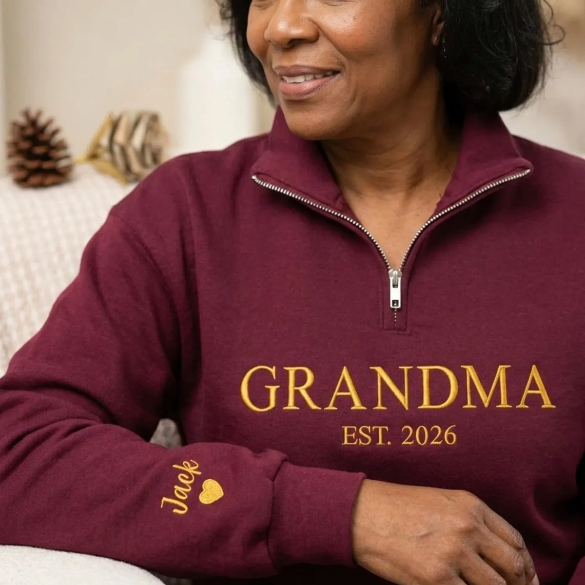 Grandma EST Embroidered Quarter-Zip Sweatshirt - Gift for Grandma, Nana or Gigi from Daughter, Son, Husband or Grandkids