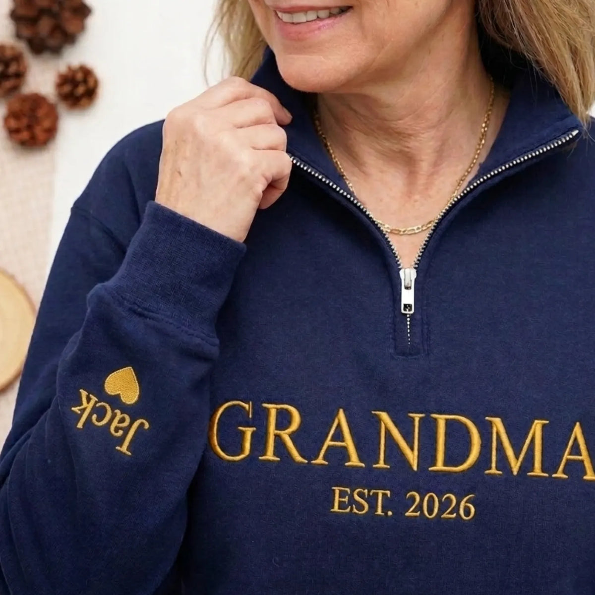 Grandma EST Embroidered Quarter-Zip Sweatshirt - Gift for Grandma, Nana or Gigi from Daughter, Son, Husband or Grandkids