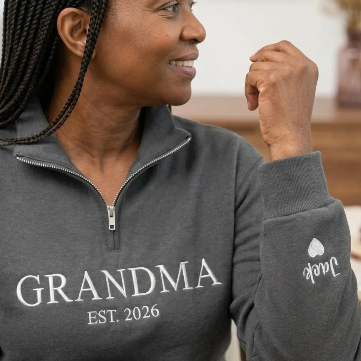 Grandma EST Embroidered Quarter-Zip Sweatshirt - Gift for Grandma, Nana or Gigi from Daughter, Son, Husband or Grandkids