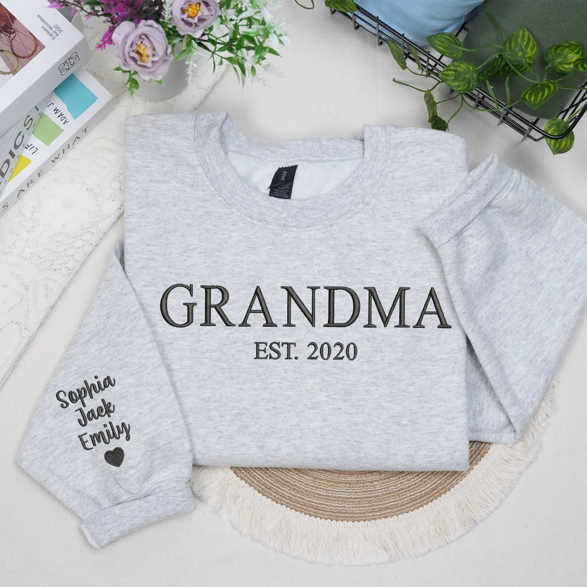 Personalized Gift for Grandma EST Year from Daughter, Son, Husband, Grandkids or Friend - Grammy Nana Gigi Neckline Embroidered Sweatshirt