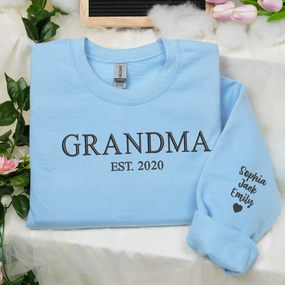 Personalized Gift for Grandma EST Year from Daughter, Son, Husband, Grandkids or Friend - Grammy Nana Gigi Neckline Embroidered Sweatshirt