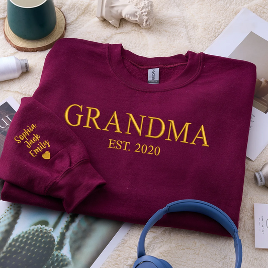 Personalized Gift for Grandma EST Year from Daughter, Son, Husband, Grandkids or Friend - Grammy Nana Gigi Neckline Embroidered Sweatshirt