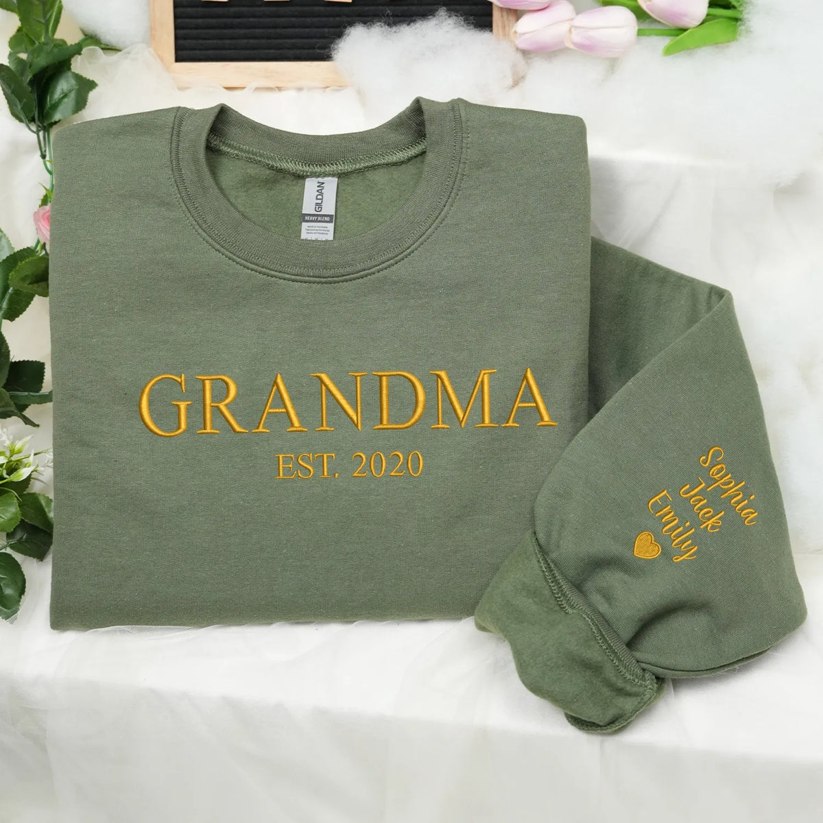 Personalized Gift for Grandma EST Year from Daughter, Son, Husband, Grandkids or Friend - Grammy Nana Gigi Neckline Embroidered Sweatshirt