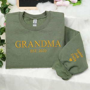 Personalized Gift for Grandma EST Year from Daughter, Son, Husband, Grandkids or Friend - Grammy Nana Gigi Neckline Embroidered Sweatshirt