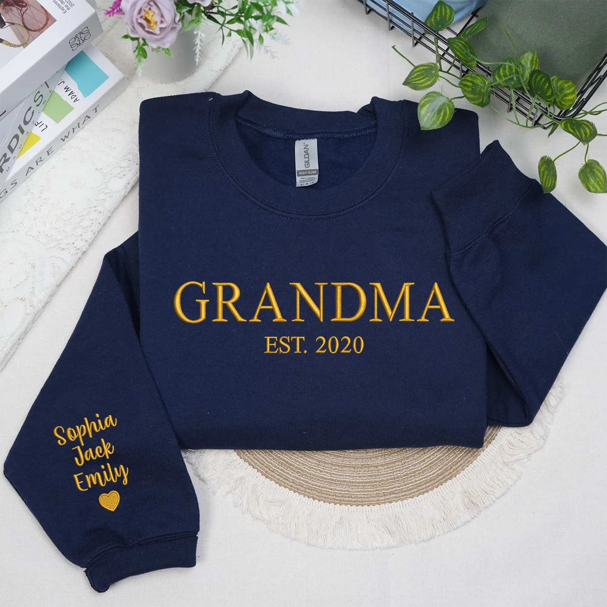 Personalized Gift for Grandma EST Year from Daughter, Son, Husband, Grandkids or Friend - Grammy Nana Gigi Neckline Embroidered Sweatshirt