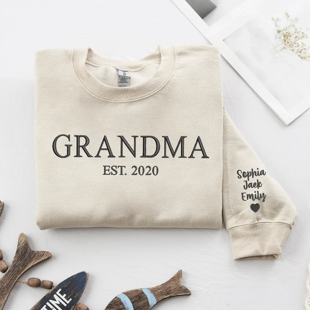 Personalized Gift for Grandma EST Year from Daughter, Son, Husband, Grandkids or Friend - Grammy Nana Gigi Neckline Embroidered Sweatshirt