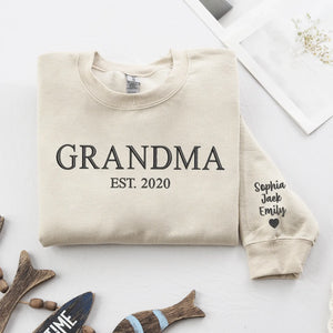 Personalized Gift for Grandma EST Year from Daughter, Son, Husband, Grandkids or Friend - Grammy Nana Gigi Neckline Embroidered Sweatshirt
