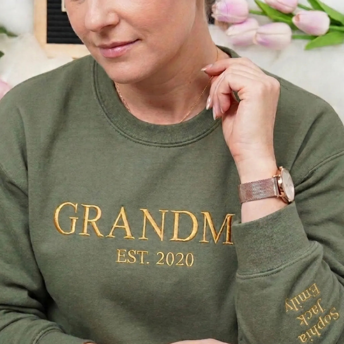 Personalized Gift for Grandma EST Year from Daughter, Son, Husband, Grandkids or Friend - Grammy Nana Gigi Neckline Embroidered Sweatshirt
