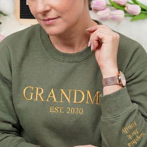 Personalized Gift for Grandma EST Year from Daughter, Son, Husband, Grandkids or Friend - Grammy Nana Gigi Neckline Embroidered Sweatshirt