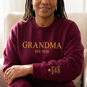 Personalized Gift for Grandma EST Year from Daughter, Son, Husband, Grandkids or Friend - Grammy Nana Gigi Neckline Embroidered Sweatshirt