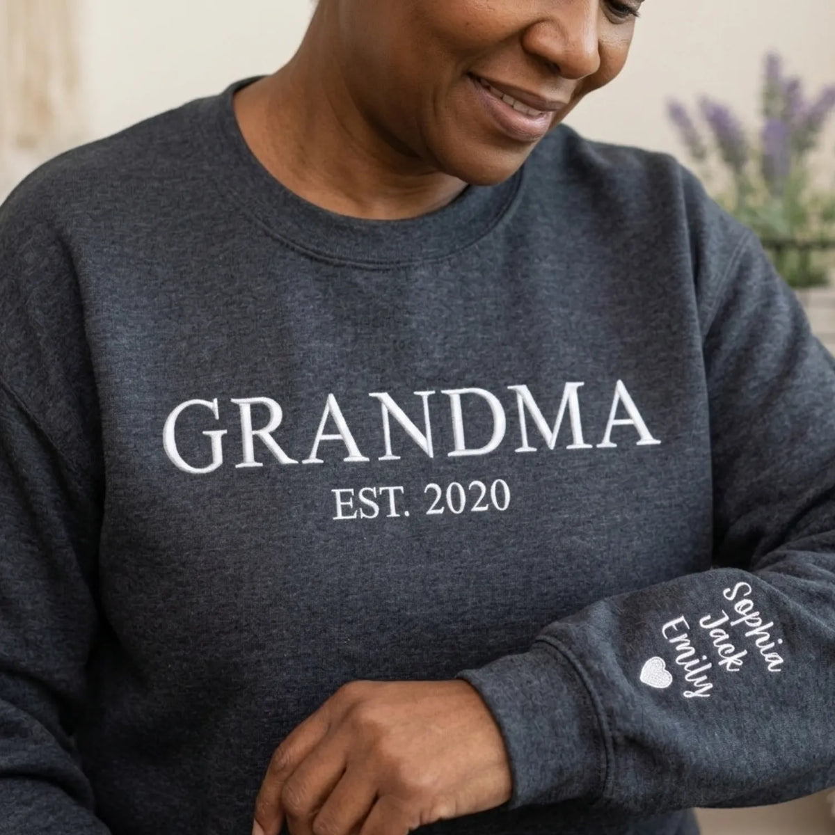 Personalized Gift for Grandma EST Year from Daughter, Son, Husband, Grandkids or Friend - Grammy Nana Gigi Neckline Embroidered Sweatshirt