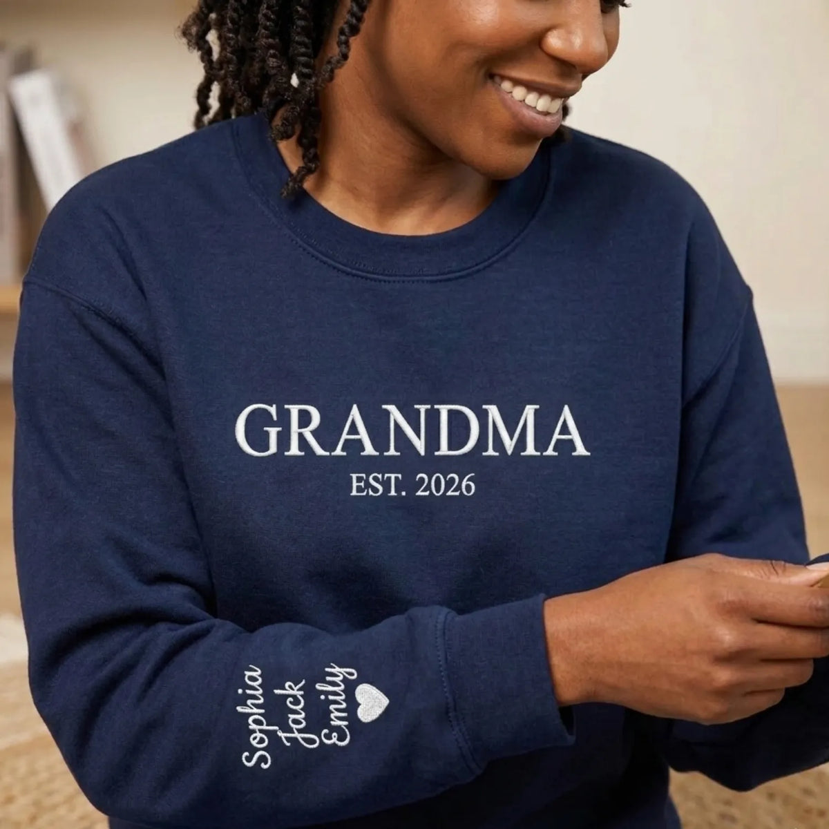 Personalized Gift for Grandma EST Year from Daughter, Son, Husband, Grandkids or Friend - Grammy Nana Gigi Neckline Embroidered Sweatshirt