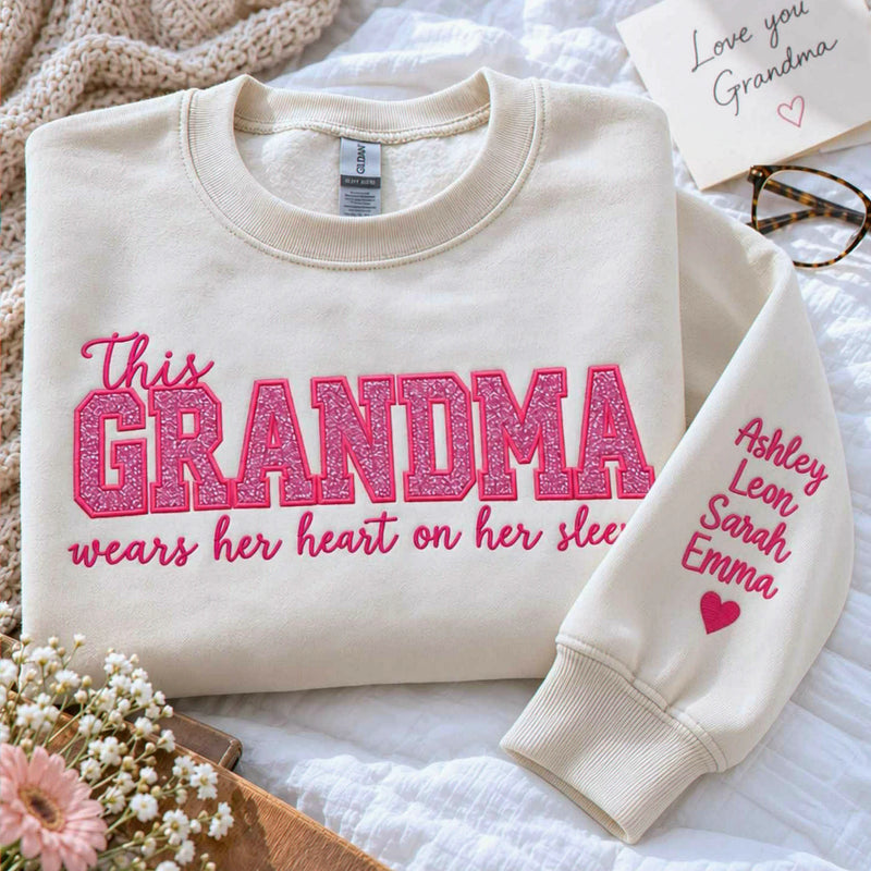Custom Glitter This Grandma Wears Her Heart on Her Sweatshirt, Embroidered Nana Applique Crewneck, Gigi Gift