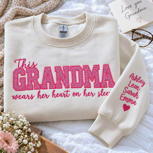 Custom Glitter This Grandma Wears Her Heart on Her Sweatshirt, Embroidered Nana Applique Crewneck, Gigi Gift