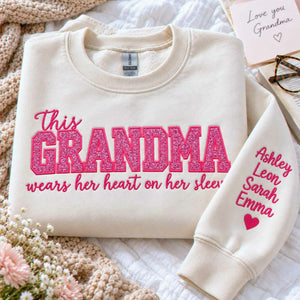 Custom Glitter This Grandma Wears Her Heart on Her Sweatshirt, Embroidered Nana Applique Crewneck, Gigi Gift