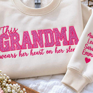 Custom Glitter This Grandma Wears Her Heart on Her Sweatshirt, Embroidered Nana Applique Crewneck, Gigi Gift