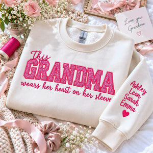 Custom Glitter This Grandma Wears Her Heart on Her Sweatshirt, Embroidered Nana Applique Crewneck, Gigi Gift