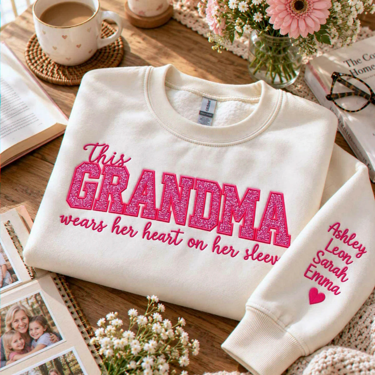 Custom Glitter This Grandma Wears Her Heart on Her Sweatshirt, Embroidered Nana Applique Crewneck, Gigi Gift