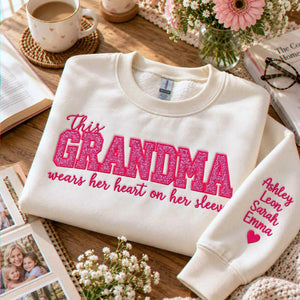 Custom Glitter This Grandma Wears Her Heart on Her Sweatshirt, Embroidered Nana Applique Crewneck, Gigi Gift