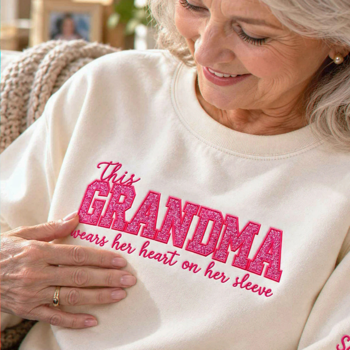 Custom Glitter This Grandma Wears Her Heart on Her Sweatshirt, Embroidered Nana Applique Crewneck, Gigi Gift