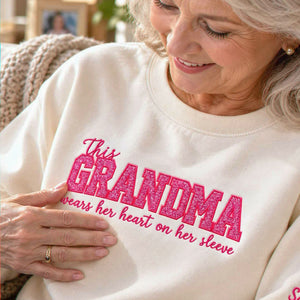Custom Glitter This Grandma Wears Her Heart on Her Sweatshirt, Embroidered Nana Applique Crewneck, Gigi Gift