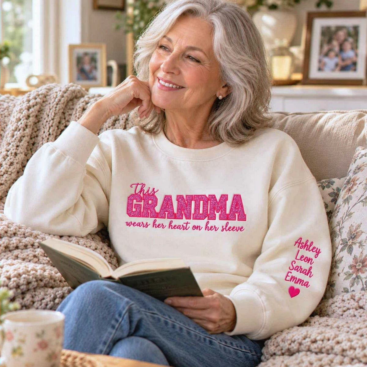 Custom Glitter This Grandma Wears Her Heart on Her Sweatshirt, Embroidered Nana Applique Crewneck, Gigi Gift