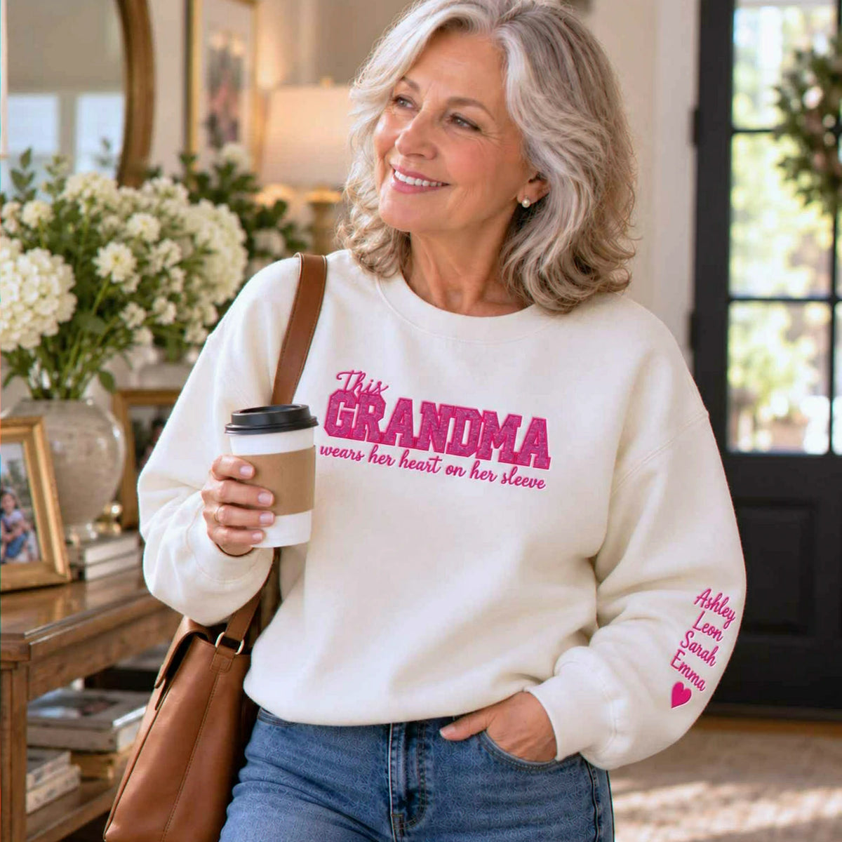 Custom Glitter This Grandma Wears Her Heart on Her Sweatshirt, Embroidered Nana Applique Crewneck, Gigi Gift