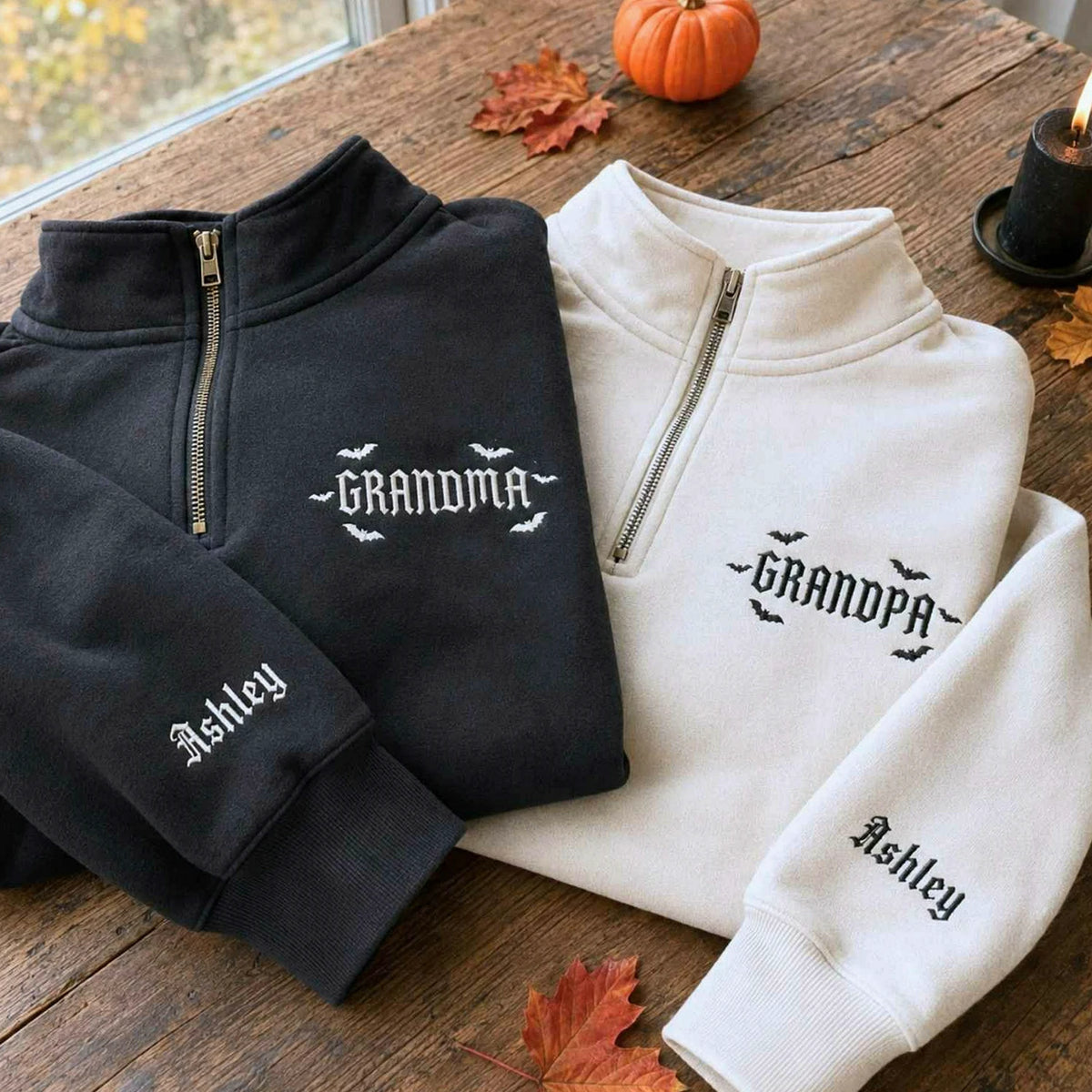 Grandma and Grandpa Halloween Quarter Sweatshirt, Personalized Embroidered Sleeve Kids Name