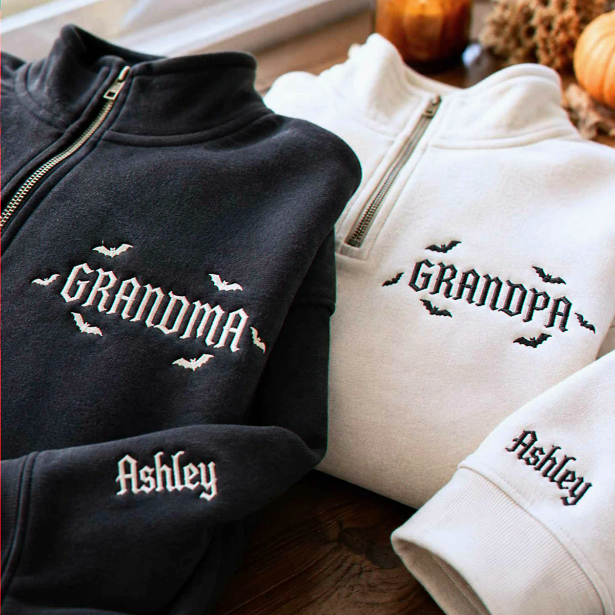 Grandma and Grandpa Halloween Quarter Sweatshirt, Personalized Embroidered Sleeve Kids Name