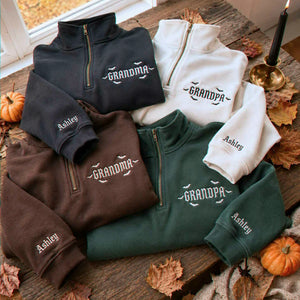 Grandma and Grandpa Halloween Quarter Sweatshirt, Personalized Embroidered Sleeve Kids Name