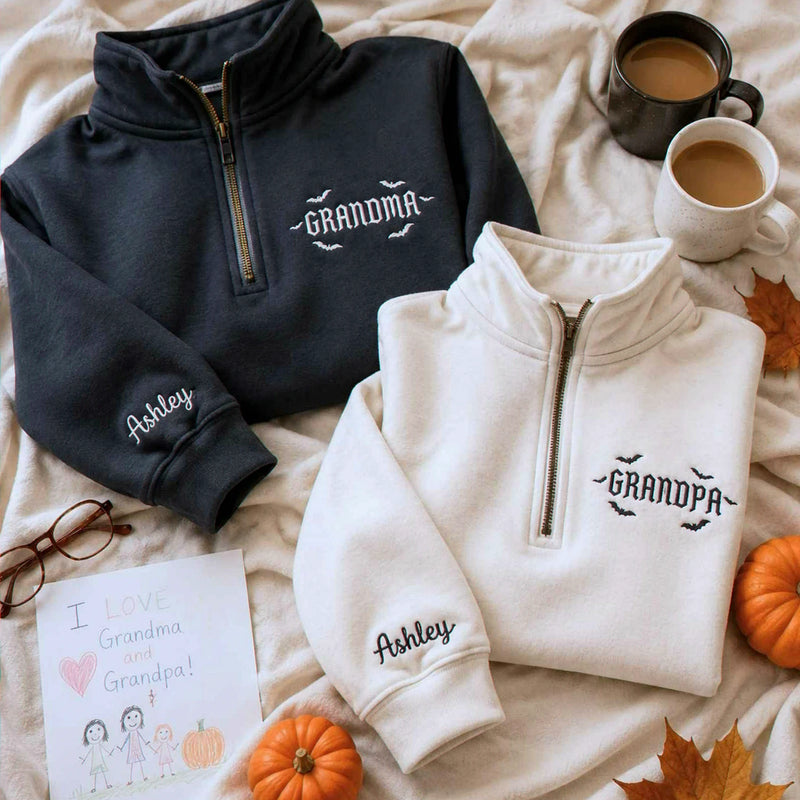 Grandma and Grandpa Halloween Quarter Sweatshirt, Personalized Embroidered Sleeve Kids Name