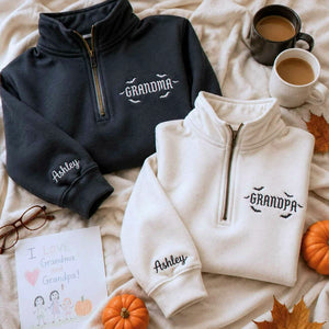 Grandma and Grandpa Halloween Quarter Sweatshirt, Personalized Embroidered Sleeve Kids Name