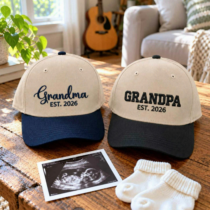 Matching Grandma Grandpa Snapback Hat, Embroidered EST Year Baseball Cap, Promoted To Grandparents Gift