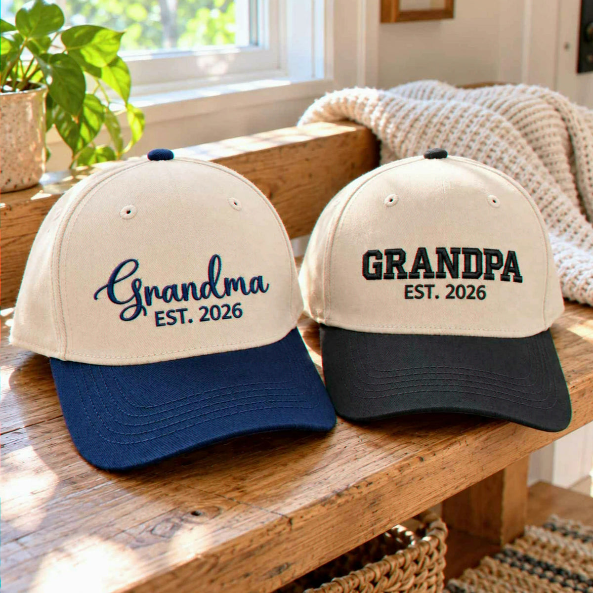 Matching Grandma Grandpa Snapback Hat, Embroidered EST Year Baseball Cap, Promoted To Grandparents Gift