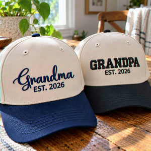 Matching Grandma Grandpa Snapback Hat, Embroidered EST Year Baseball Cap, Promoted To Grandparents Gift