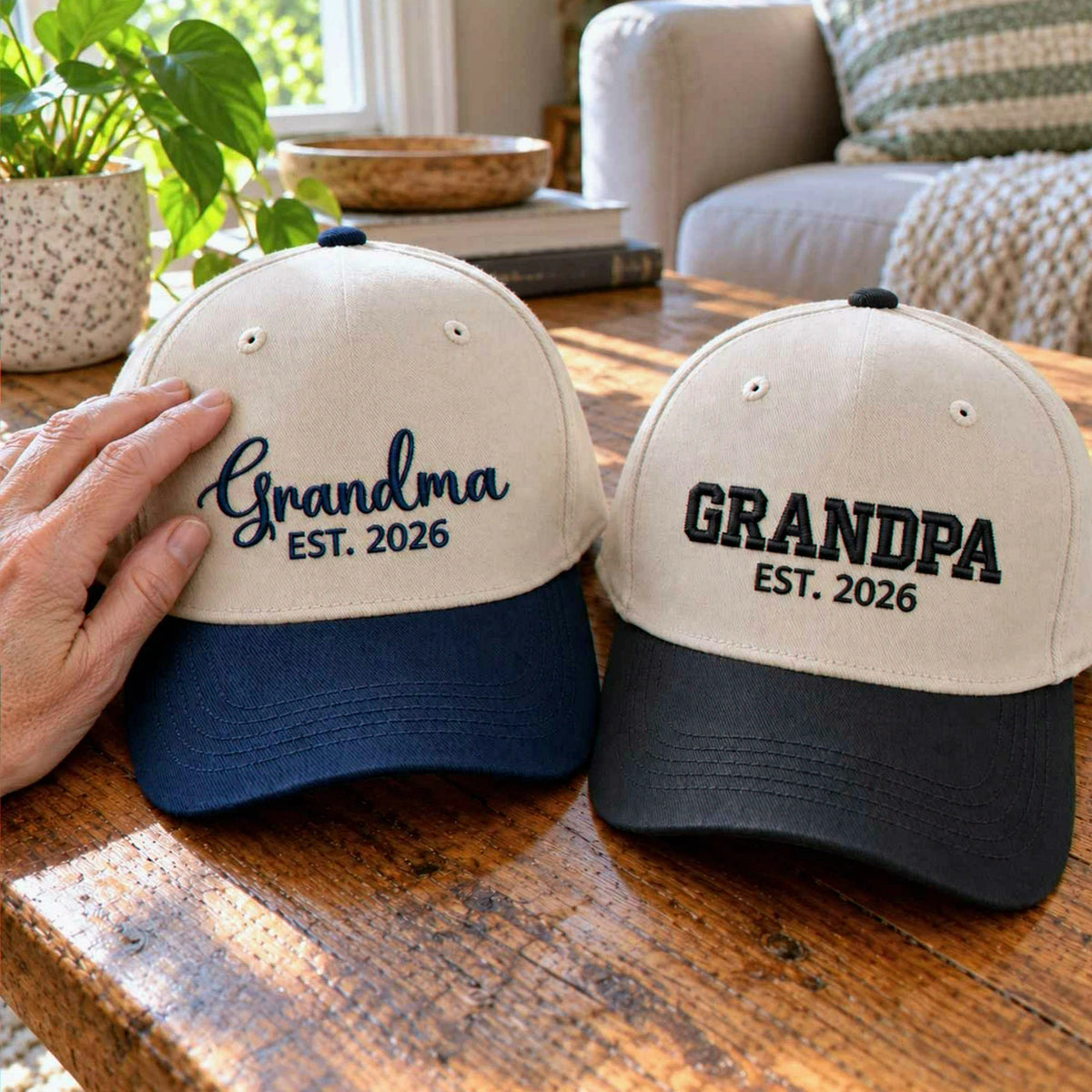 Matching Grandma Grandpa Snapback Hat, Embroidered EST Year Baseball Cap, Promoted To Grandparents Gift