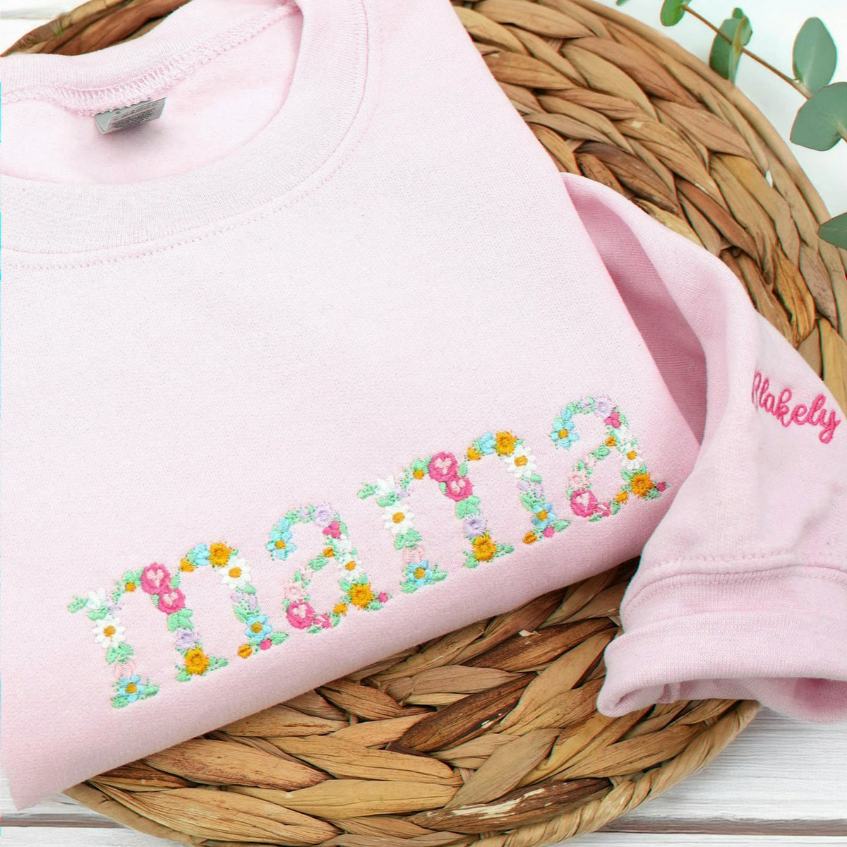 Custom Mama Floral Embroidered Sweatshirt with Kids Name, Personalized Mom or Grandma Gift