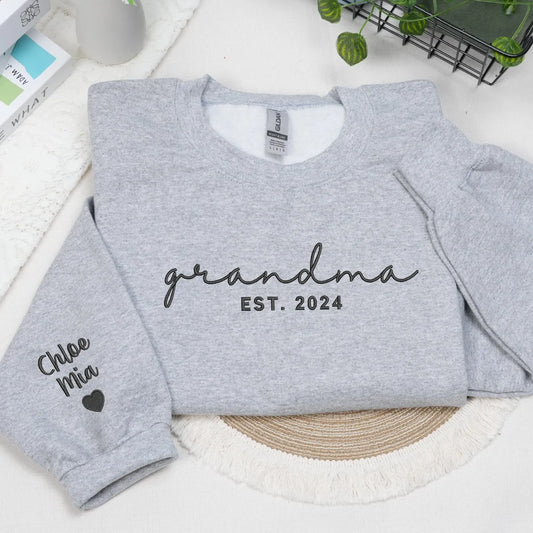 Personalized Mother’s Day Gift for Grandma from Grandkids - Personalized Embroidered Sweatshirt with Kids Names on Sleeve