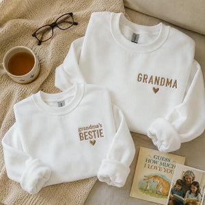 Grandma's Bestie Kid Sweatshirt Embroidered – Matching Outfit with Grandma, Personalized Mother’s Day Gift for Grandmother, Nana, Mimi