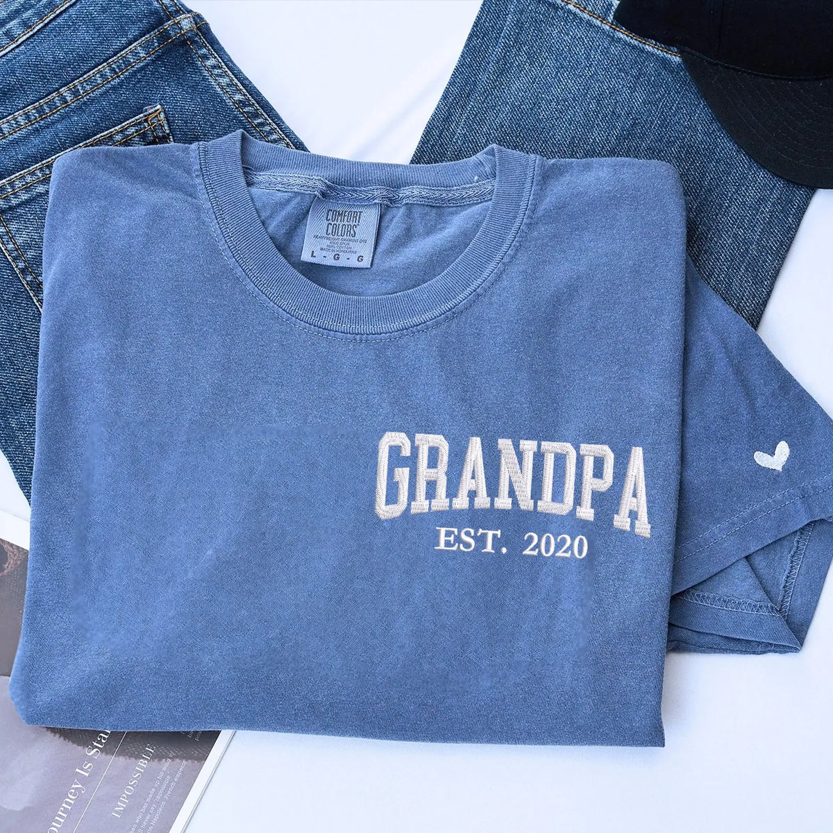 Custom embroidered Grandpa EST shirt with kids names on sleeve, personalized Father’s Day gift for grandpa